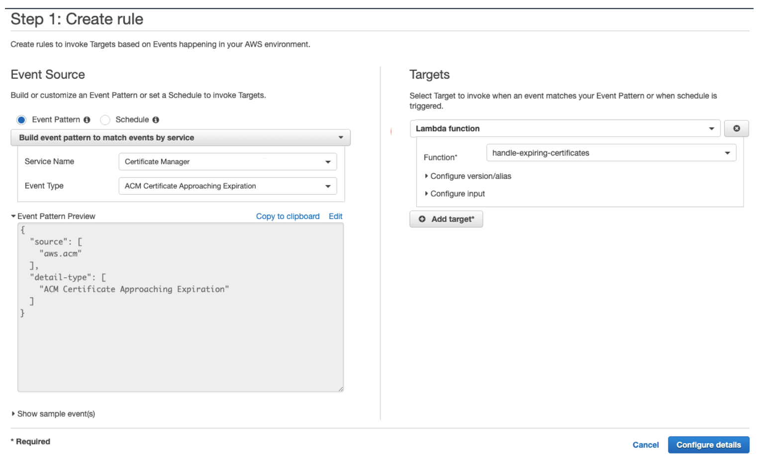 AWS CloudWatch event rule creation screen from console.